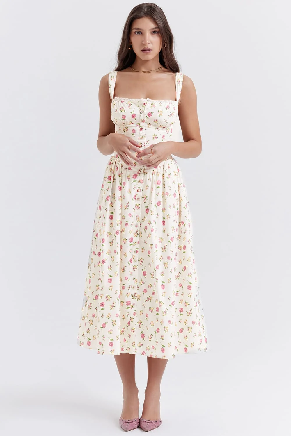 ROSE PRINT MIDI SUNDRESS